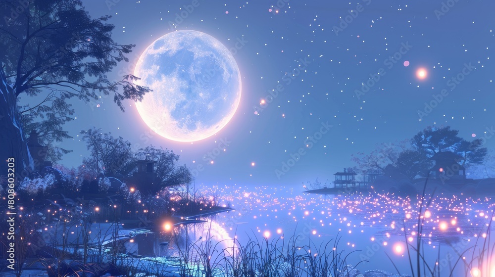 A serene night scene featuring a full moon illuminating a peaceful lake surrounded by twinkling stars and gentle foliage.