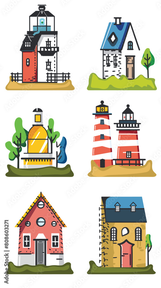 Collection six colorful buildings includes lighthouse, schoolhouse, church, homes, uniquely designed. Iconic structures rendered playful, cartoonish style ideal educational decorative purposes