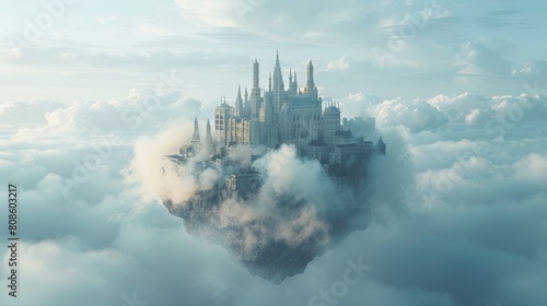 A stunning visual of a grand castle floating on a solitary rock above cumulus clouds under a clear sky  invoking a surreal fantasy.
