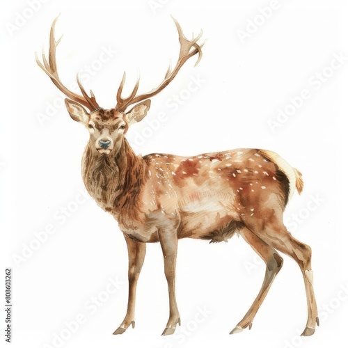 Watercolor painting of a majestic stag with antlers raised high  on isolated white background  Generative AI