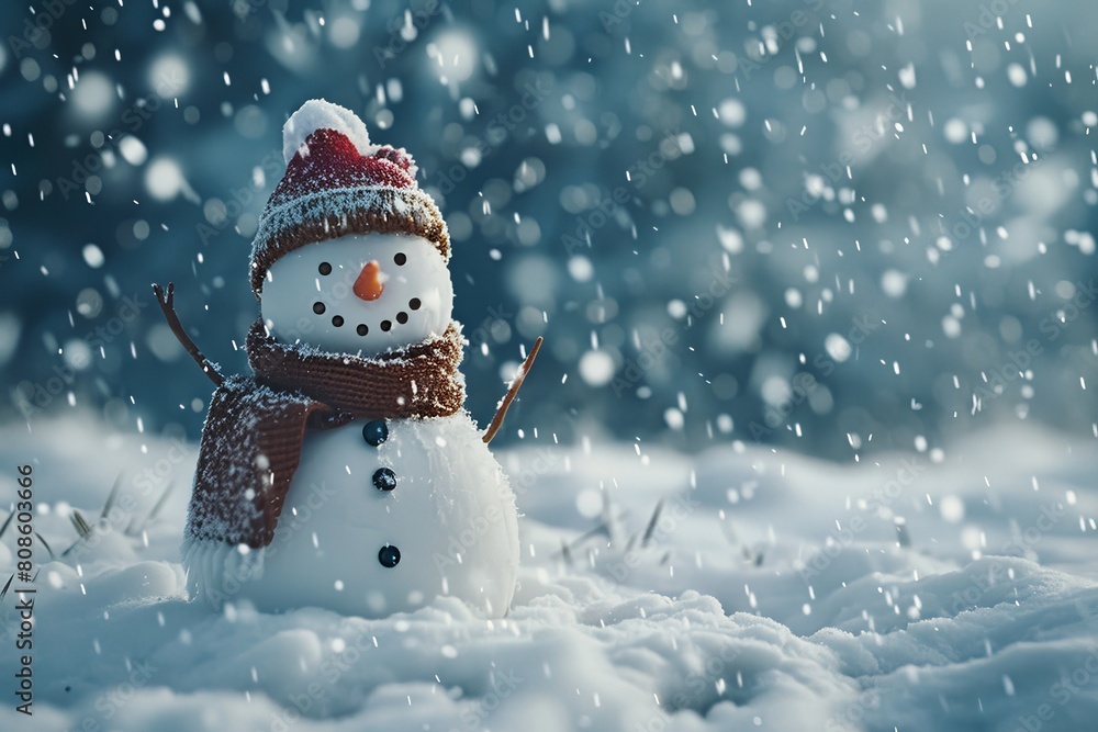 Cheerful snowman dressed in a hat and scarf amidst falling snow, capturing the joy and magic of the winter season.
Cheerful snowman dressed in a hat and scarf amidst falling snow, capturing the joy and magic of the winter season.