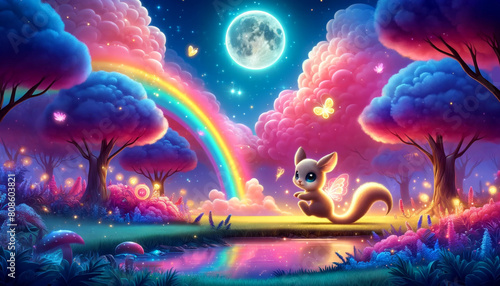 Neon-hued animal kangaroo set within a fantastical landscape filled with rainbows