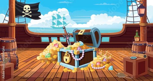 Pirate deck on a ship  with a chest of gold. Hand drawing game background. Vector. Cartoon.