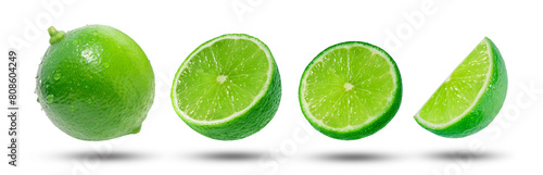 Flying lime has water drop with slices collection and shadow isolated on white background.