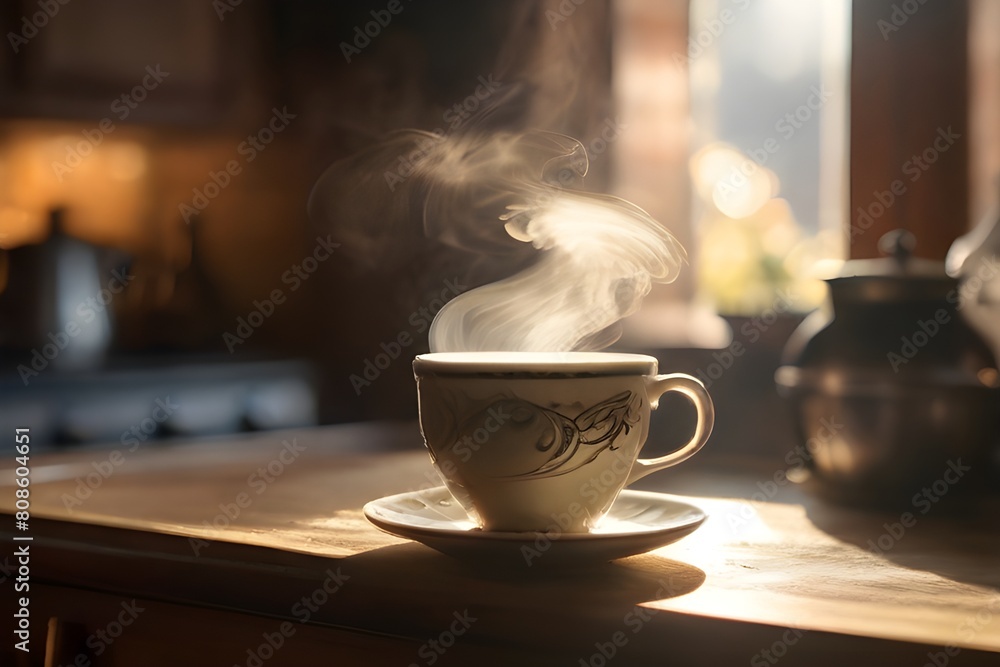 A steaming cup of tea, with delicate swirls of steam rising from the surface, set against a backdrop of a cozy, sunlit kitchen. A steaming cup of tea, with delicate swirls of steam rising from the surface, set against a backdrop of a cozy, sunlit kitchen.