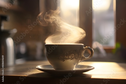 A steaming cup of tea, with delicate swirls of steam rising from the surface, set against a backdrop of a cozy, sunlit kitchen.