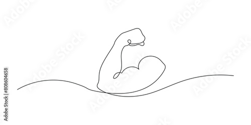 Man's hand shows a fist on the biceps in line style. Continuous one line vector drawing concept of strength and masculinity, sport.