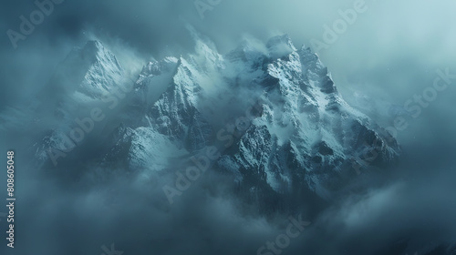 A photo featuring majestic mountains in a misty morning atmosphere. Highlighting the rugged peaks of the mountains, while surrounded by swirling clouds