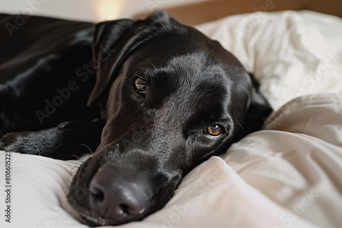 a black dog laying on a bed with a white blanket