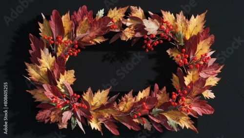 Vibrant Autumn Leaf Wreath Adorned with Red Berries on a Dark Background.