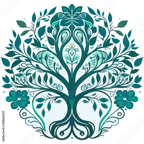 Floral Pattern with Abstract Elements: Vintage Vector Illustration of Ornate Flower Design and Nature-Inspired Silhouette Decor on Seamless Black Wallpaper photo