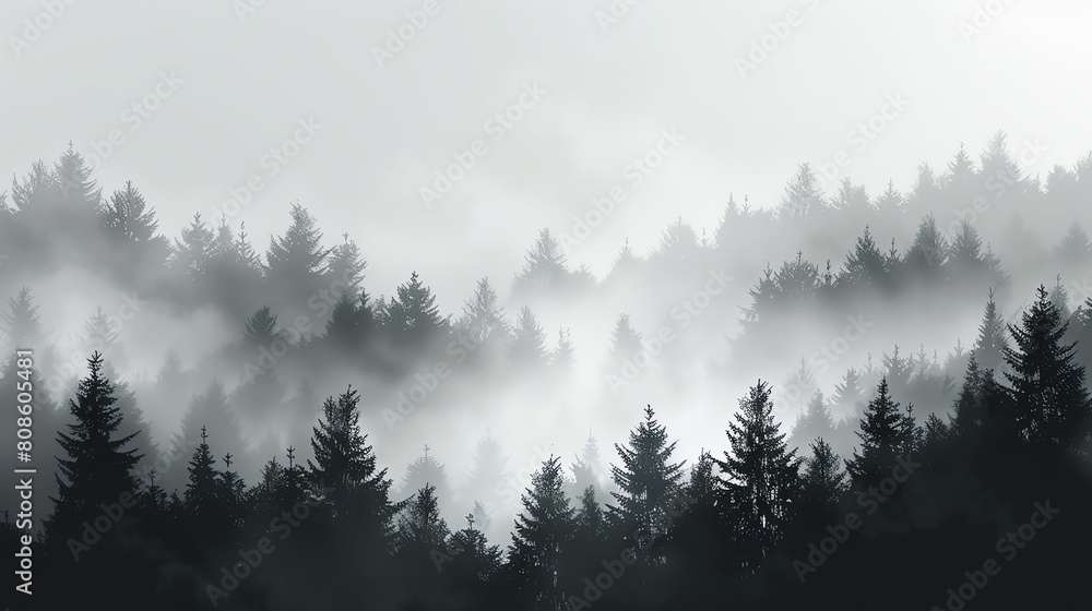A foggy forest silhouette rising through layers of mist in varying shades of grey background A foggy forest silhouette rising through layers of mist in varying shades of grey background
