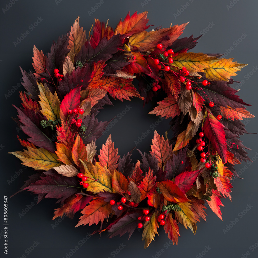 Autumn-Inspired Decorative Wreath with Vibrant Red Berries and Colorful Fall Leaves on Dark Background. Autumn-Inspired Decorative Wreath with Vibrant Red Berries and Colorful Fall Leaves on Dark Background.