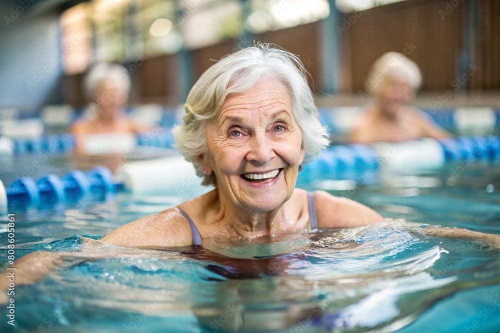 Fototapeta premium An elderly woman swims and does water aerobics in a heated pool, a happy and smiling retired woman. Recreational water sports.