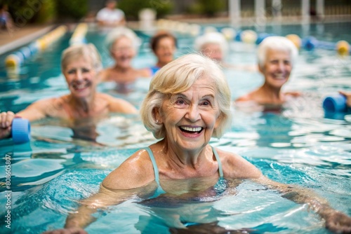 An elderly woman swims and does water aerobics in a heated pool  a happy and smiling retired woman. Recreational water sports.