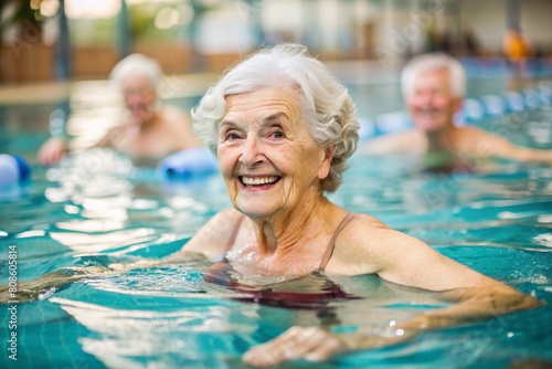 An elderly woman swims and does water aerobics in a heated pool, a happy and smiling retired woman. Recreational water sports.