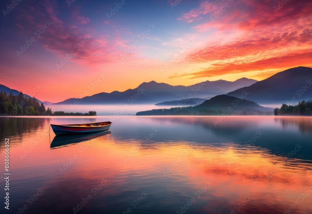 Obraz premium illustration, tranquil lake sunrise sunset, beauty, calm, calmness, crepuscule, dawn, daybreak, dusk, duskiness, environment, evening, gloaming, horizon