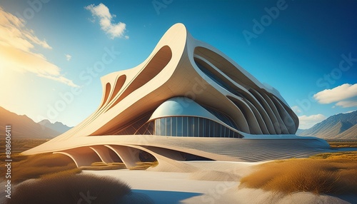 large building with fluid geometry and concrete, matte photo, architectural photography, modern design, light and shadows, low angle, Leica M10 Summilux-m 50mm, sunny day, blue clear sky, vivid atmosp photo