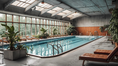 fitness, gym, swimming pool, avangard, interior, cozy, wood, concrete, aluminium, mid century, soviet union, retro, plants