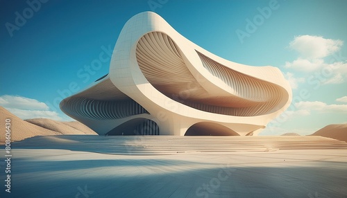 large building with fluid geometry and concrete, matte photo, architectural photography, modern design, light and shadows, low angle, Leica M10 Summilux-m 50mm, sunny day, blue clear sky, vivid atmosp
