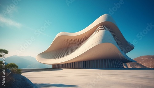 large building with fluid geometry and concrete, matte photo, architectural photography, modern design, light and shadows, low angle, Leica M10 Summilux-m 50mm, sunny day, blue clear sky, vivid atmosp photo