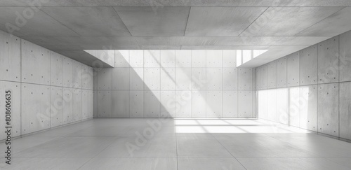 A large, empty room with a window that lets in sunlight,A large, empty room with a large window in the middle,Banner, Empty concrete room with white lines and light from above, presentation or mock up