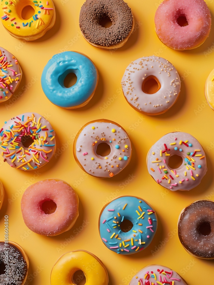 Colorful donuts on yellow background. Top view. Flat lay. National Donut Day Colorful donuts on yellow background. Top view. Flat lay. National Donut Day