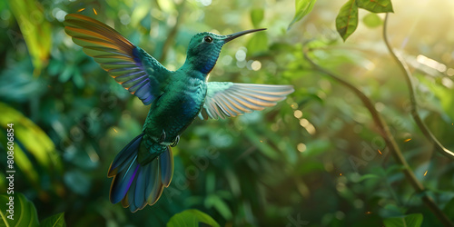 Flying hummingbird in tropical forest, A hummingbird with a blue head and green wings is flying in front of a green bush
