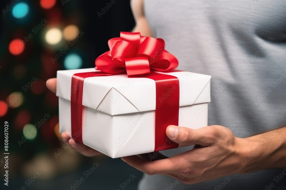 A muscular man holds a gift with a red ribbon. The atmosphere is warm and festive A muscular man holds a gift with a red ribbon. The atmosphere is warm and festive