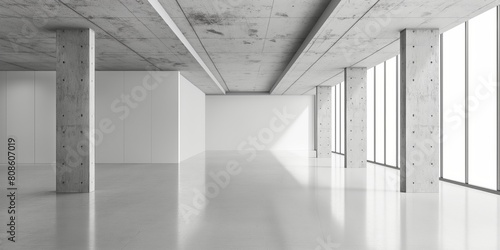 A large  empty room with white walls and a concrete ceiling. The room is very spacious and has a modern  minimalist feel. The large windows let in a lot of natural light  making the room feel bright