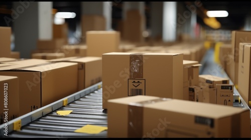 Cardboard boxes on a conveyor belt in a warehouse, in a goods distribution center. © photolas