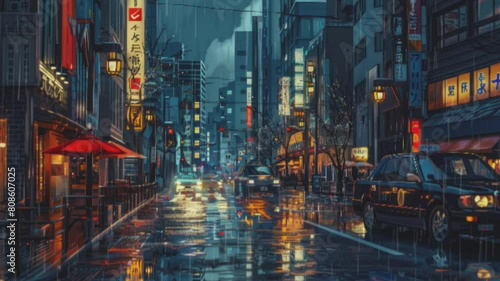 Beautiful cityscape of tokyo at night, digital art with anime style photo