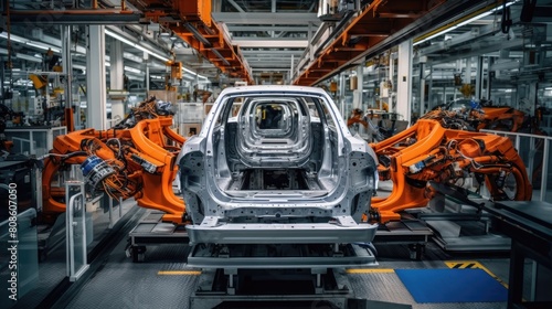 Automated car assembly at a factory. Robots assemble the car on a platform. Robots are equipped with different tools to perform different tasks.