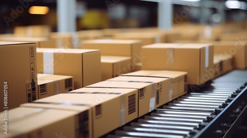 Cardboard boxes on a conveyor belt in a warehouse, in a goods distribution center. © photolas