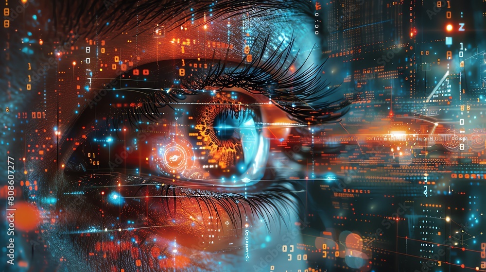 Enhance the eye with glowing blue and orange technology. Make the eye appear futuristic and show a close up of the eye with intricate details. Enhance the eye with glowing blue and orange technology. Make the eye appear futuristic and show a close up of the eye with intricate details.