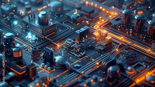 An intricate circuit board with glowing orange highlights photo