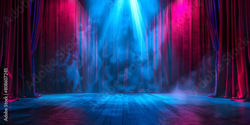 Mysterious stage with smoke and neon light dramatic theater scene backdrop futuristic show setting with atmospheric mood  Mystical theater stage with glowing lights and fog a magical performance venue