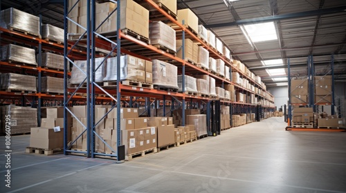 A large and orderly warehouse with high shelves filled with boxes. The floor is marked with yellow lines for safety and organization. Boxes are neatly stacked on shelves  some with labels.