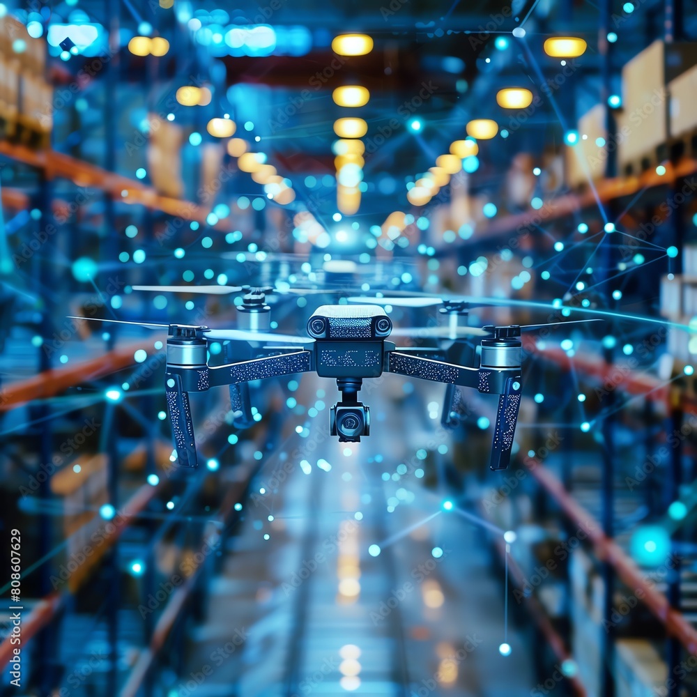 A drone flies through a modern warehouse A drone flies through a modern warehouse