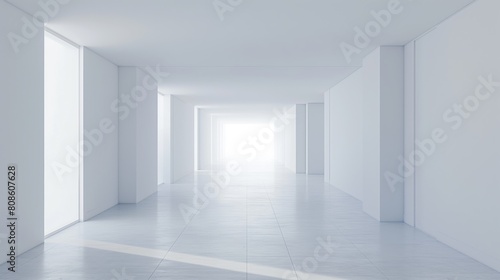 A large  empty room with white walls and a white floor. The room is very spacious and has a clean  minimalist feel. The sunlight streaming in through the windows creates a bright and airy atmosphere