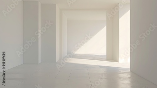 A large  empty room with white walls and a white floor. The room is very spacious and has a clean  minimalist feel. The sunlight streaming in through the windows creates a warm  inviting atmosphere