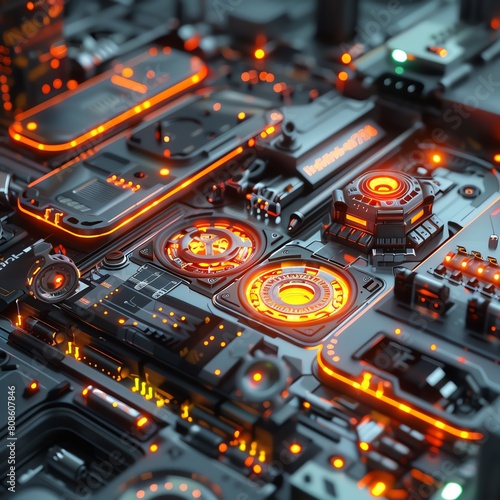 Render a close up of a futuristic motherboard with orange glowing lights and black metal plating.