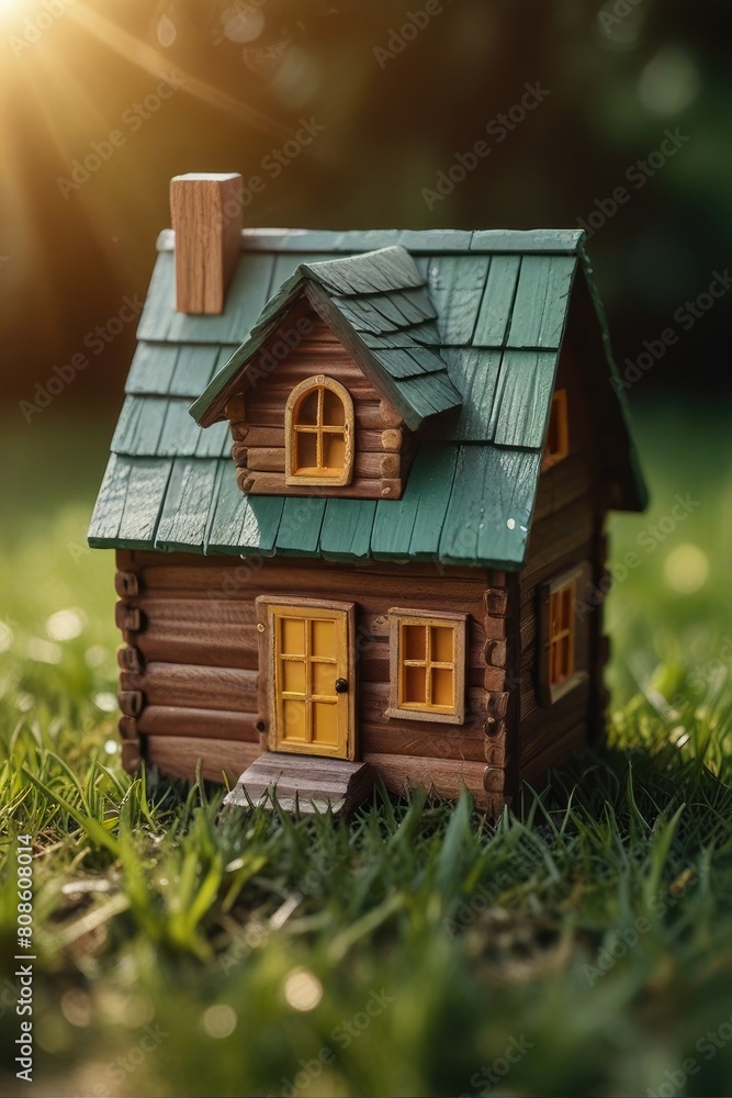 Wooden home friendly on grass. Wooden toy house in green grass banner copyspace. House in forest with greenery around, modern energy efficiency construction Wooden home friendly on grass. Wooden toy house in green grass banner copyspace. House in forest with greenery around, modern energy efficiency construction