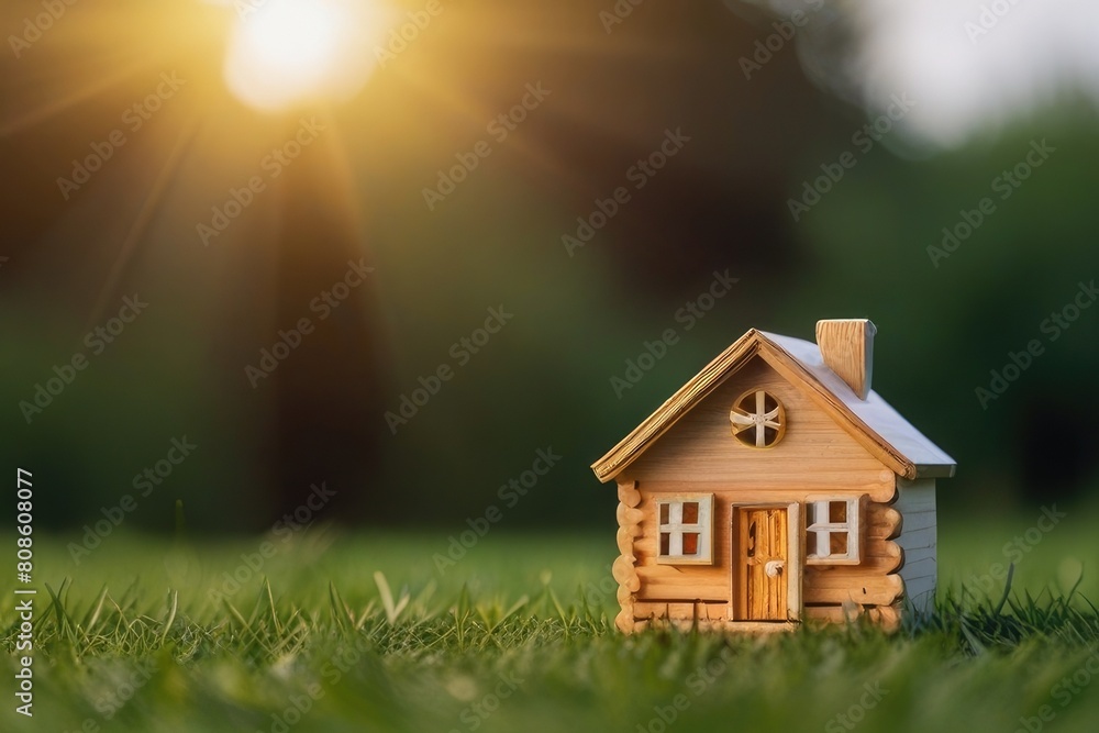 Wooden home friendly on grass. Wooden toy house in green grass banner copyspace. House in forest with greenery around, modern energy efficiency construction Wooden home friendly on grass. Wooden toy house in green grass banner copyspace. House in forest with greenery around, modern energy efficiency construction