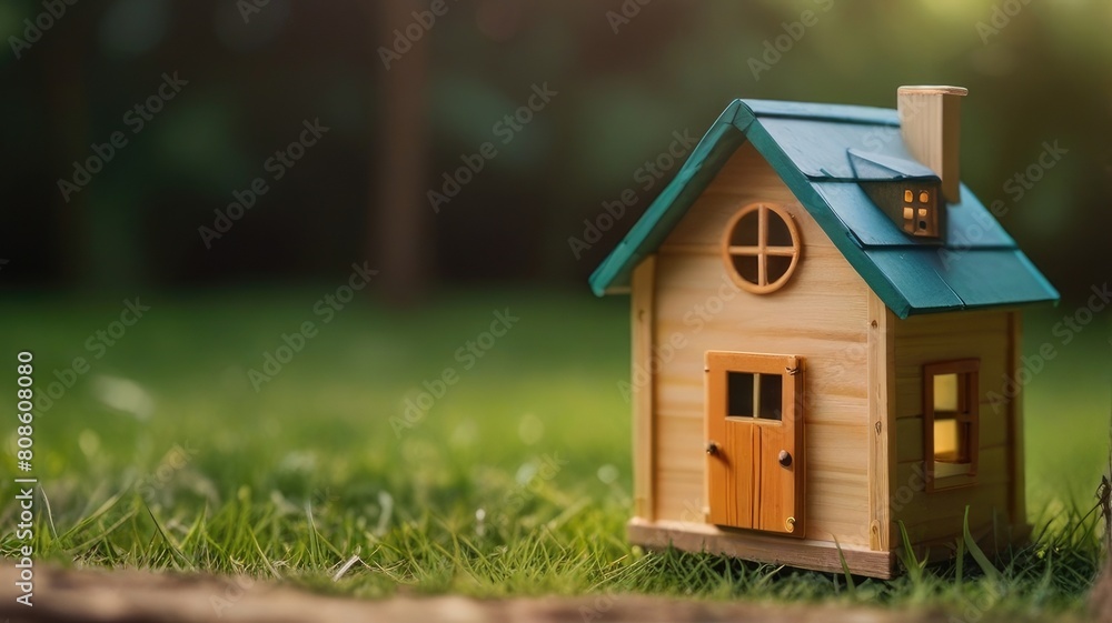 Wooden home friendly on grass. Wooden toy house in green grass banner copyspace. House in forest with greenery around, modern energy efficiency construction
