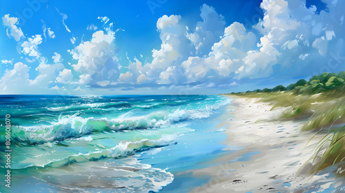 A realistic painting showcasing a beach scene with waves rolling in gently towards the shore under blue sky. photo