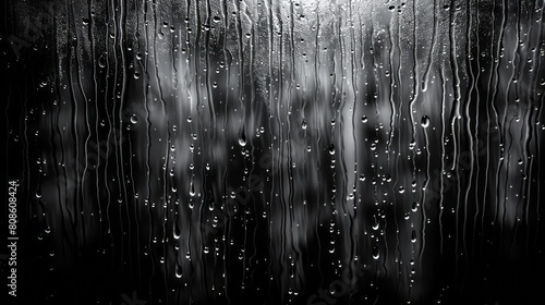 Water droplets on a glass window with a dark background.