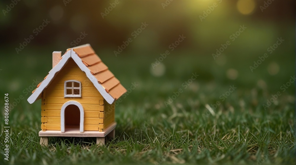 Wooden home friendly on grass. Wooden toy house in green grass banner copyspace. House in forest with greenery around, modern energy efficiency construction