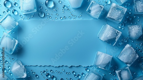Blue textured background with water droplets and ice cubes. photo