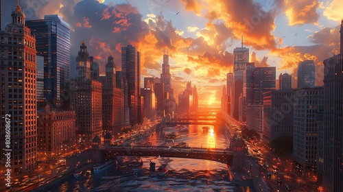 A stunning digital painting of a cityscape at sunset